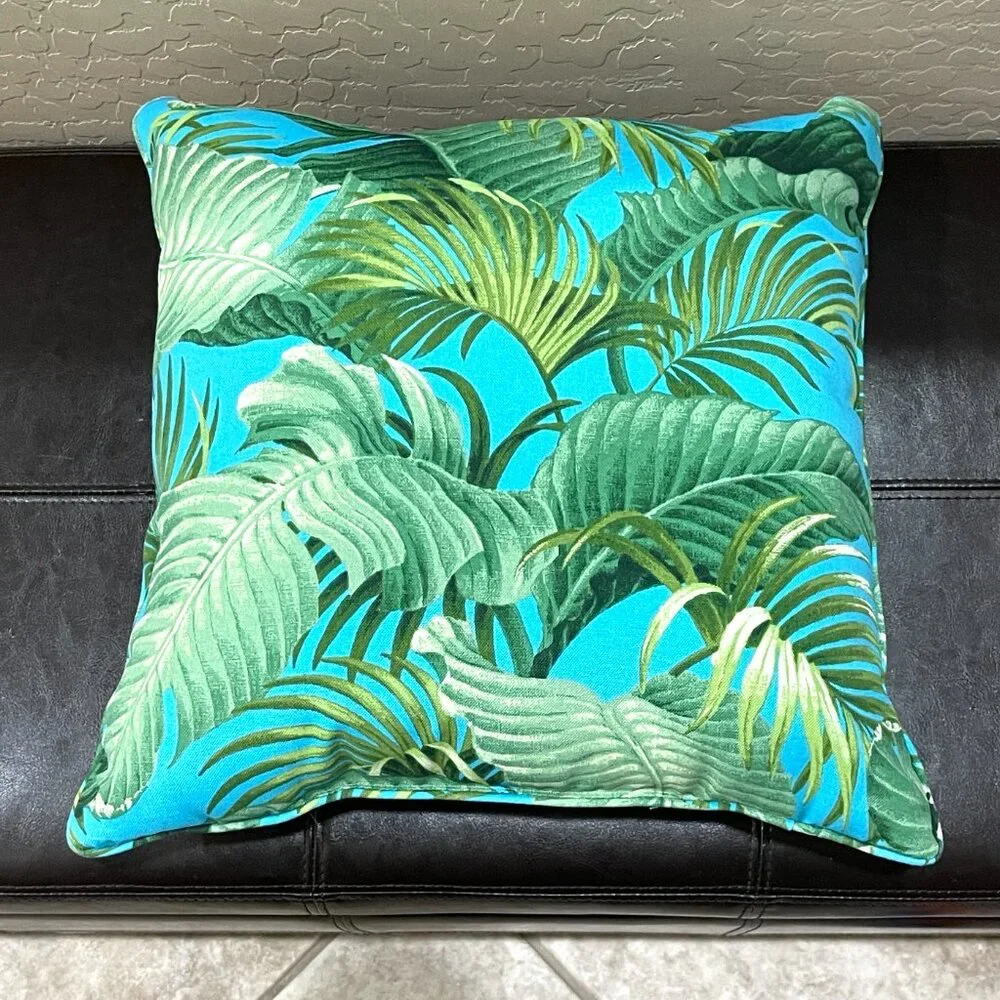 Tropical Vibe Indoor Outdoor Turquoise Blue Green Palm Leaf Throw Pillow Square